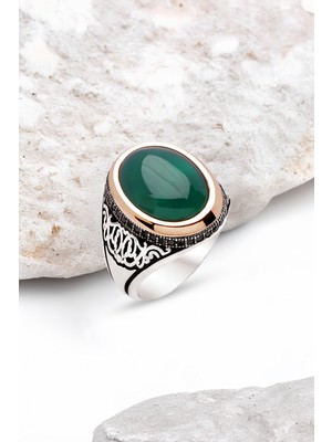 Silverplus Gümüş Yeşi Akik Kapşon Taşlı Erkek Yüzük