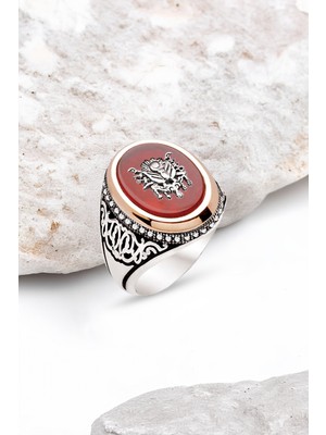 Silverplus Gümüş Akik Taşlı Üzeri Armalı Erkek Yüzük