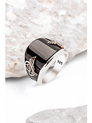 Silverplus Gümüş Özel Kesim Onix Taşlı Osmanlı Tuğralı Erkek Yüzük