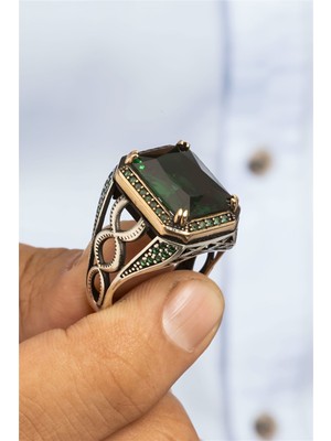 Yeşil Zirkon Taşlı Gümüş Erkek Yüzük