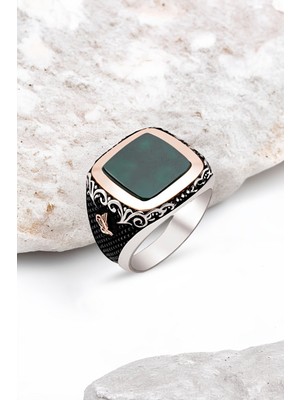 Silverplus Gümüş Yeşil Akik Taşlı Tuğralı Erkek Yüzük