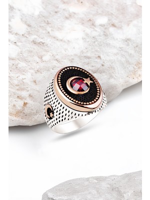 Silverplus Gümüş Kırmızı Zirkon Taşlı Motifli Erkek Yüzük