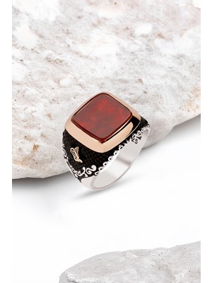 Silverplus Gümüş Akik Taşlı Yanları Osmanlı Tuğralı Motifli Erkek Yüzük