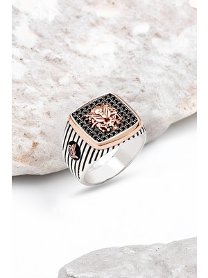 Silverplus Gümüş Siyah Zirkon Taş Üzeri Osmanlı Devlet Armalı Erkek Yüzük