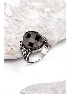 Silverplus Gümüş Fasetli Zirkon Taşlı Osmanlı Armalı Tuğralı Erkek Yüzük