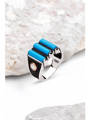 Silverplus Gümüş 3 Parça Sıkma Turkuaz Taşlı Erkek Yüzük