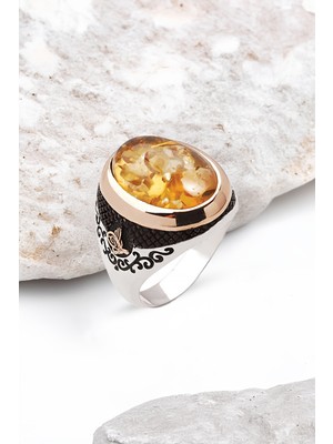 Silverplus ​Gümüş Sentetik Kehribar Taşlı Osmanlı Tuğralı Erkek Yüzük