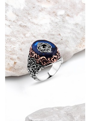 Silverplus Sentetik Mavi Kehribar Gümüş Erkek Yüzük