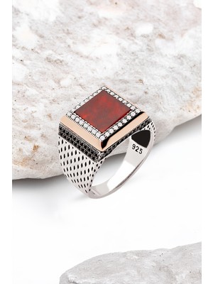 Silverplus Gümüş Akik Taşlı Süslemeli Kare Model Erkek Yüzük