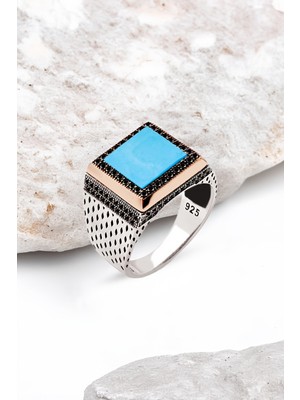 Silverplus Gümüş Turkuaz Taşlı Süslemeli Kare Model Erkek Yüzük