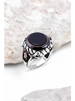 Silverplus Ortası Onix Taşlı Kenarı Çember Taşlı Gümüş Erkek Yüzük