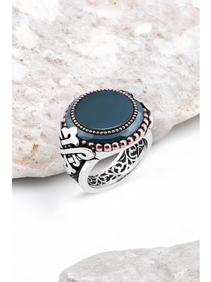 Silverplus Yeşil Akik Taşlı Kenarı Çember Taşlı Gümüş Erkek Yüzük