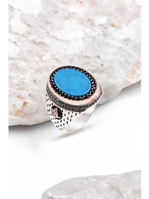 Silverplus Gümüş Turkuaz Taşlı İşlemeli Erkek Yüzük