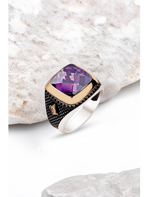 Silverplus Gümüş Ametist Taşlı Osmanlı Tuğralı Erkek Yüzük