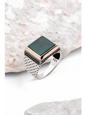 Silverplus Gümüş Yeşil Akik Taşlı Zirkon Süslemeli Kare Erkek Yüzük