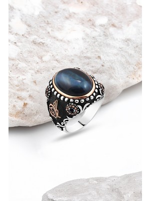 Silverplus Kapşon Kaplan Gözü Taşlı Gümüş Erkek Yüzük