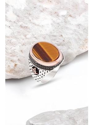 Silverplus Gümüş Kaplan Gözü Taşlı Osmanlı Tuğralı Erkek Yüzük