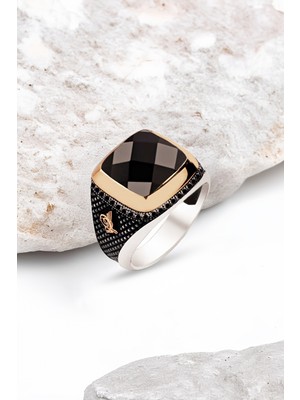 Silverplus Gümüş Siyah Taşlı Osmanlı Tuğralı Erkek Yüzük