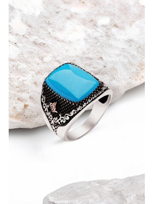 Silverplus Gümüş Sıkma Turkuaz Taşlı Yanları Tuğralı Erkek Yüzük