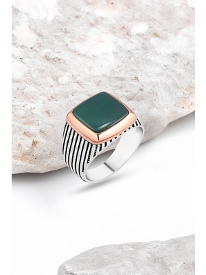 Silverplus Düz Yeşil Akik Taşlı Gümüş Erkek Yüzük