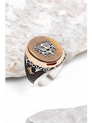 Silverplus Gümüş Kaplan Gözü Taş Üzeri Osmanlı Armalı Erkek Yüzük