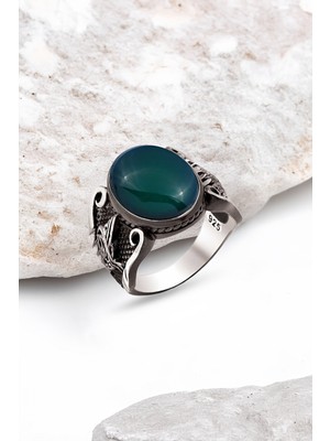 Silverplus Gümüş Kapşon Yeşil Akik Taşlı Osmanlı Armalı Erkek Yüzük