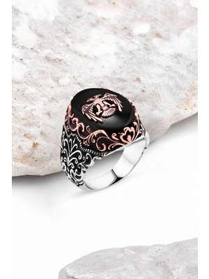 Silverplus Onix Taş Üzeri Selçuklu Kartallı Gümüş Erkek Yüzük