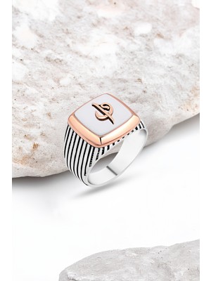 Silverplus Beyaz Onix Taş Üzeri Elif-Vav Yazılı Gümüş Erkek Yüzük