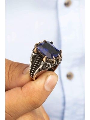 Dikdörtgen Lacivert Taşlı Pençe Desenli Gümüş Erkek Yüzük