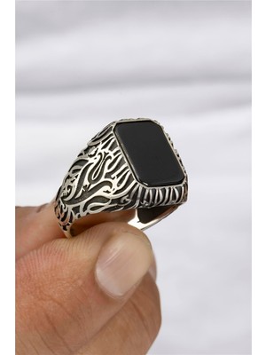 Lale Motifli Oniks Taşlı 925 Ayar Gümüş Erkek Yüzük