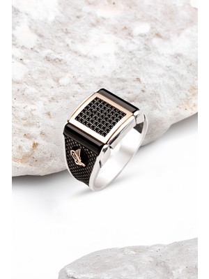 Silverplus Gümüş Siyah Zirkon İşlemeli Detaylı Erkek Yüzük