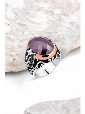 Silverplus Kesme Ametist Taş Kenarı Minik Siyah Zirkon Taşlı Gümüş Erkek Yüzük