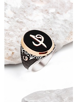 Silverplus Gümüş Onix Taş Üzeri Elif Vav Temalı Erkek Yüzük