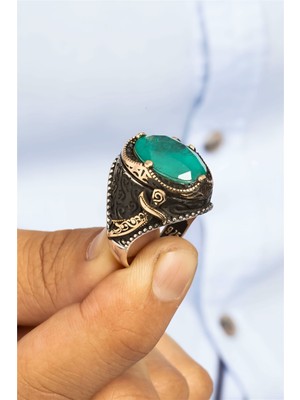 Paraiba Taşlı Zülfikar Motifli Gümüş Erkek Yüzük