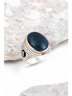 Silverplus Gümüş Yeşil Akik Kapşon Taşlı Nokta Kasalı Erkek Yüzük