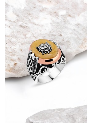 Silverplus Sentetik Kehribar Üzeri Osmanlı Devlet Arması Gümüş Erkek Yüzük