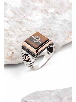 Silverplus Gümüş Elif Vav Temalı Erkek Yüzük