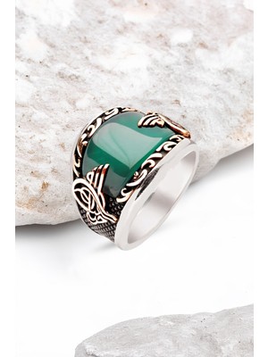 Silverplus ​Gümüş Özel Kesim Yeşil Akik Taşlı İşlemeli Erkek Yüzük