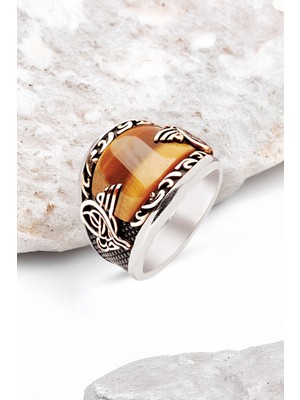 Silverplus ​​Gümüş Özel Kesim Kaplan Gözü Kenarları İşlemeli Erkek Yüzük