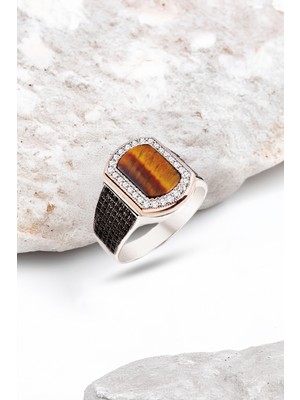 Silverplus Gümüş Kaplan Gözü Taşlı Süslemeli Erkek Yüzük