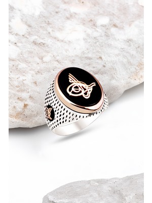 Silverplus Gümüş Siyah Onix Taşlı Osmanlı Tuğralı İşlemeli Erkek Yüzük