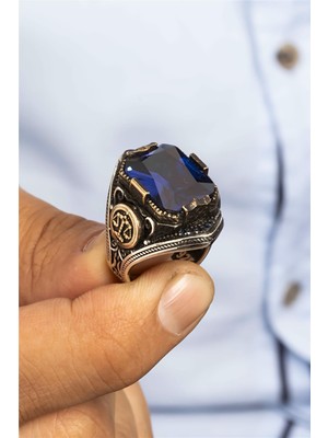 Lacivert Zirkon Taşlı Taşlı Terazi Motifli Gümüş Erkek Yüzük