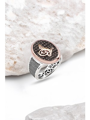 Silverplus Gümüş Siyah Zirkon Taş Üzeri Osmanlı Tuğralı Erkek Yüzük