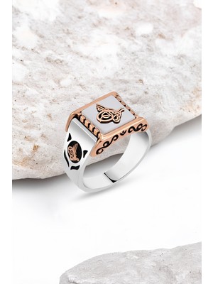 Silverplus Beyaz Onix Taşlı Üzeri Tuğralı Gümüş Erkek Yüzük