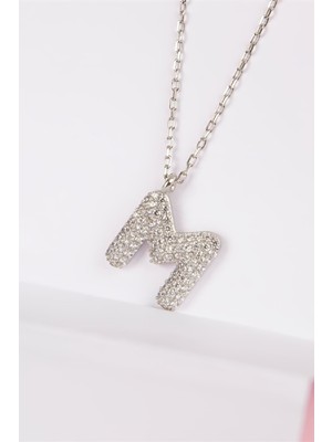 Rodyumlu Harfli Zirkon Taşlı 925 Ayar Gümüş Bayan Kolye