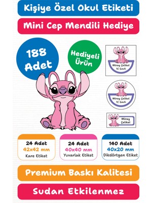 188 Adet Stitch Pembe Kişiye Özel Okul Etiketi | Kalem Defter Kitap Için Isim Yazılabilir Sticker Seti Model:18