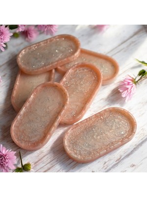 Pelince - El Yapımı 6'lı Epoksi Sunumluk - Pudra Pembe Gümüş Varaklı - Ebatları: 17,5 x 9,5 cm