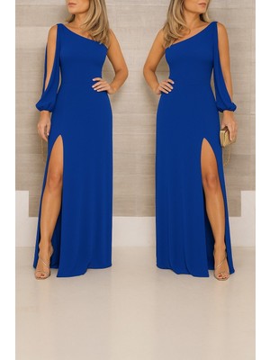 Ag Shoppings Tek Omuz Açık Derin Yırtmaçlı Krep Tam Boy Elbise