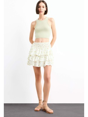 DeFacto Beli Lastikli Çiçek Desenli Volanlı Mini Etek F7905AX25SM