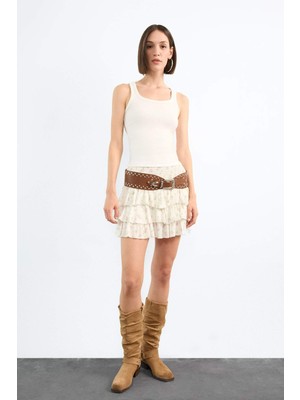 DeFacto Beli Lastikli Çiçek Desenli Volanlı Mini Etek F7905AX25SM